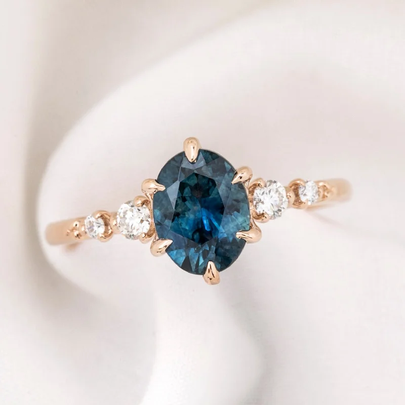 Victorian style engagement rings-Estel Fleur Six Prongs Ring, 1.66ct Deep Teal Blue Montana Sapphire, 14k Rose Gold (One of a kind)