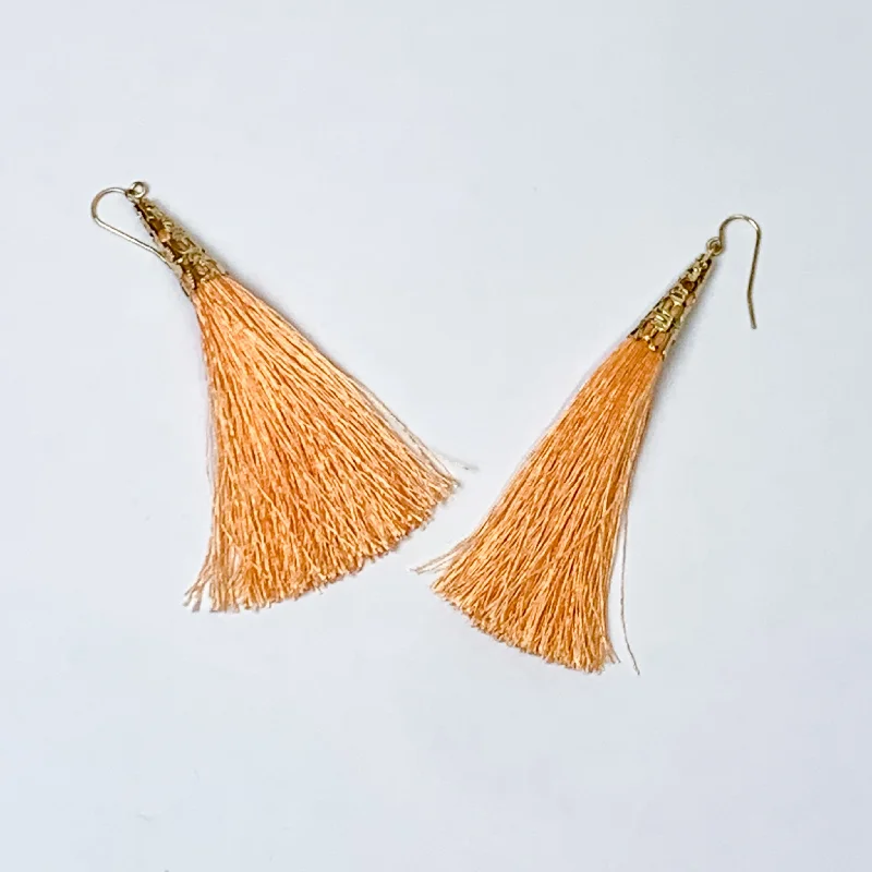 Silk tassel earrings-Gold Tone Filigree Cap Drop Tassel Earrings in Coral Orange