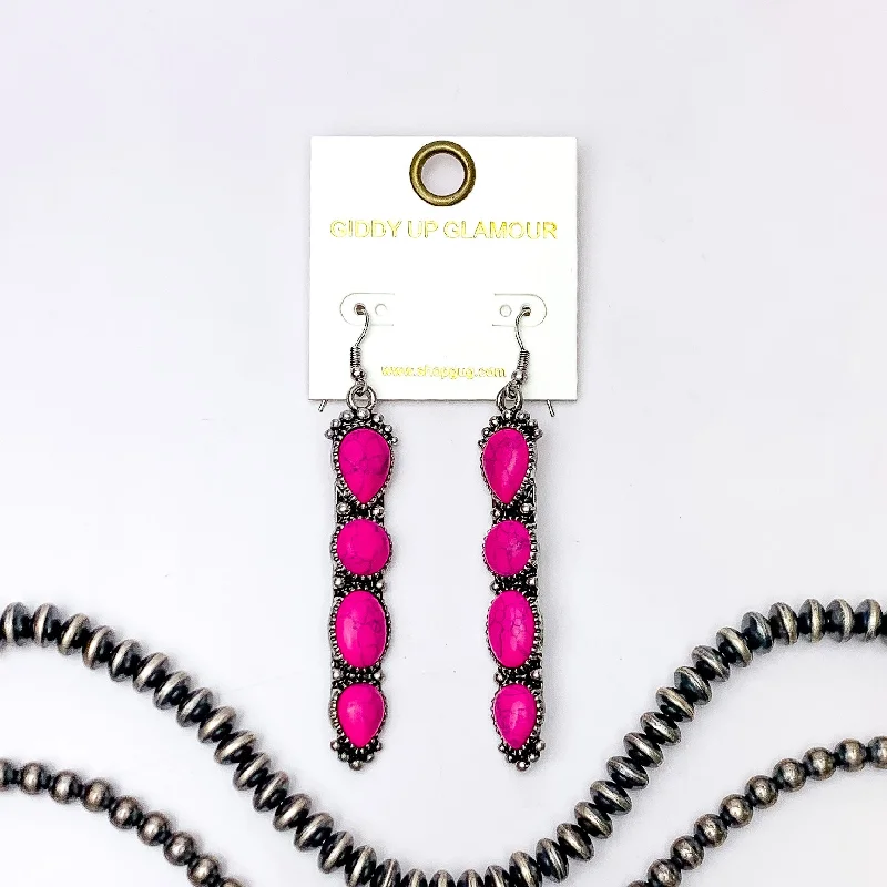 Small dot earrings-Western Connection Silver Tone Earrings With Four Stones in Fuchsia