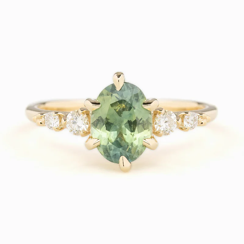 Cedar grain engagement rings-Estel Fleur Six Prongs Ring Green Oval Montana Sapphire, 14K Yellow Gold (One of a kind)