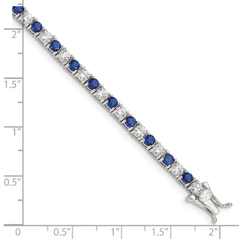 Tiny star bangles-Curata 925 Sterling Silver Polished Safety clasp Box Catch Closure Blue and White CZ Cubic Zirconia Simulated Diamond Bracelet 7