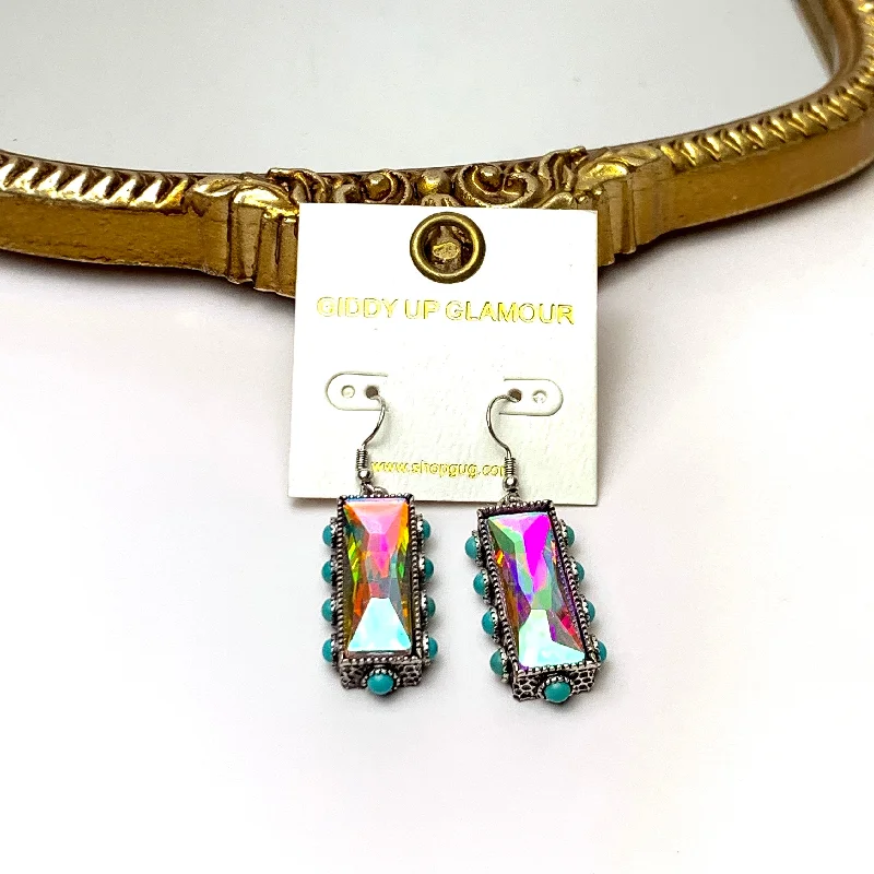 Braided cord earrings-AB Crystal Bar Drop Earrings with Faux Turquoise Border Accents