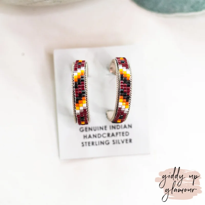 Topaz stone earrings-Navajo | Navajo Handmade Multi Colored Aztec Beaded Hoop Earrings in Maroon #4