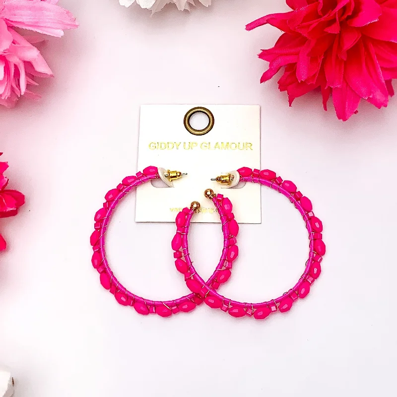 Linen cord earrings-Large Hoop Earrings Outlined with Crystals in Hot Pink