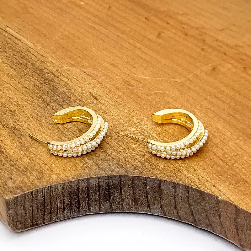 Light clay earrings-Small Gold Tone Hoop Earrings Outlined in Pearls