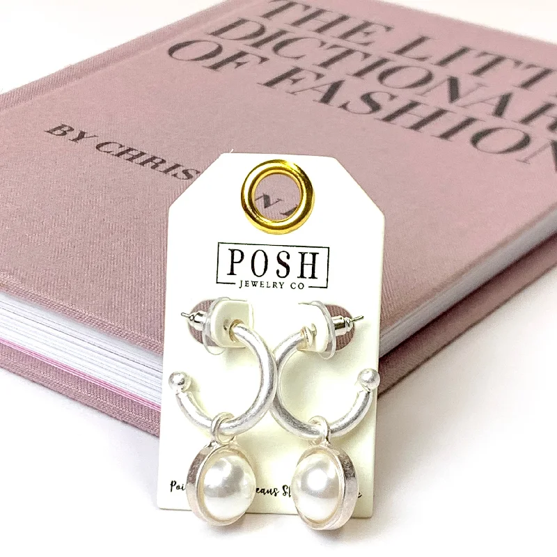 Deco style earrings-Posh By Pink Panache | Huggie Hoop Earrings with Pearl Charm in Silver