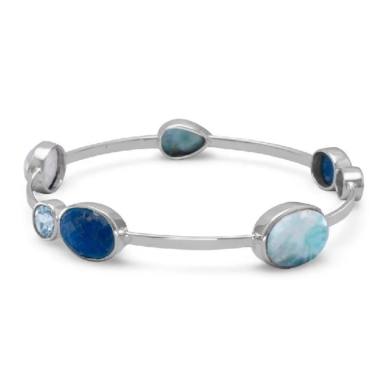 Braided silk bangles-Curata 925 Sterling Silver 1.5mm Stackable Bangle Bracelet Larimar Blue Topaz Dyed Aquamarine Rainbow Celestial Moonstone