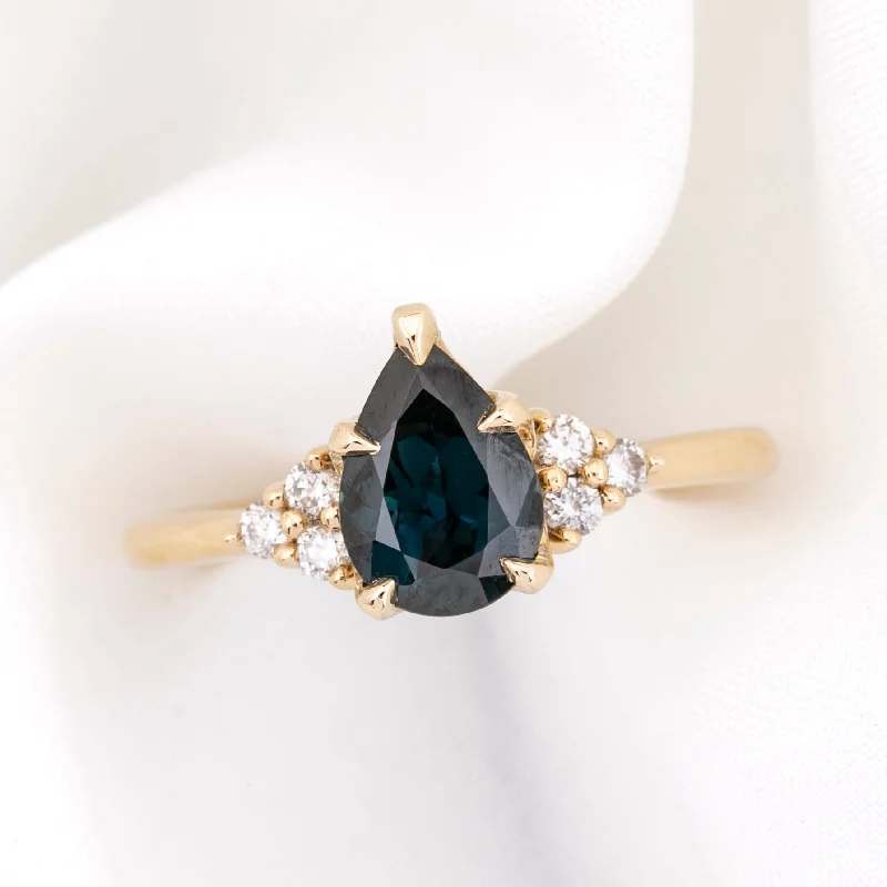 Stamped name engagement rings-Teresa Ring 1.37ct Deep Teal Blue Queensland Sapphire, 14k Yellow Gold (One of a kind)