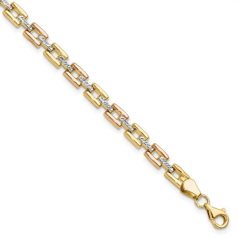 Rose motif bangles-Curata 14k Tri-color Gold Square Tracks Fancy Stampato Bracelet 7.25 Inch