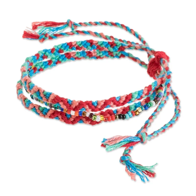 Bold geometric bangles-NOVICA Solola Fiesta, Glass beaded macrame strand bracelet