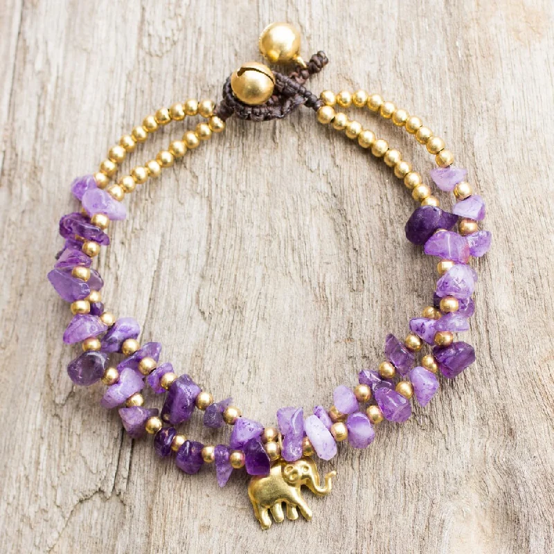 Tiny wing bangles-Handmade Brass 'Violet Elephant' Quartz Bracelet (Thailand)