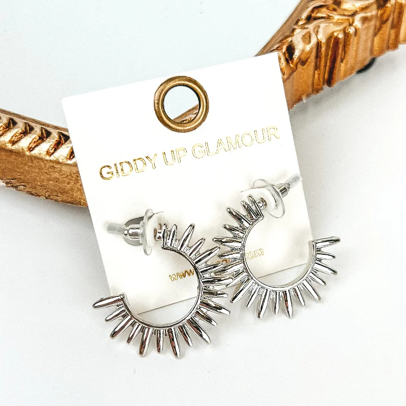 Bamboo style earrings-Sunburst Hoop Earrings in Silver Tone