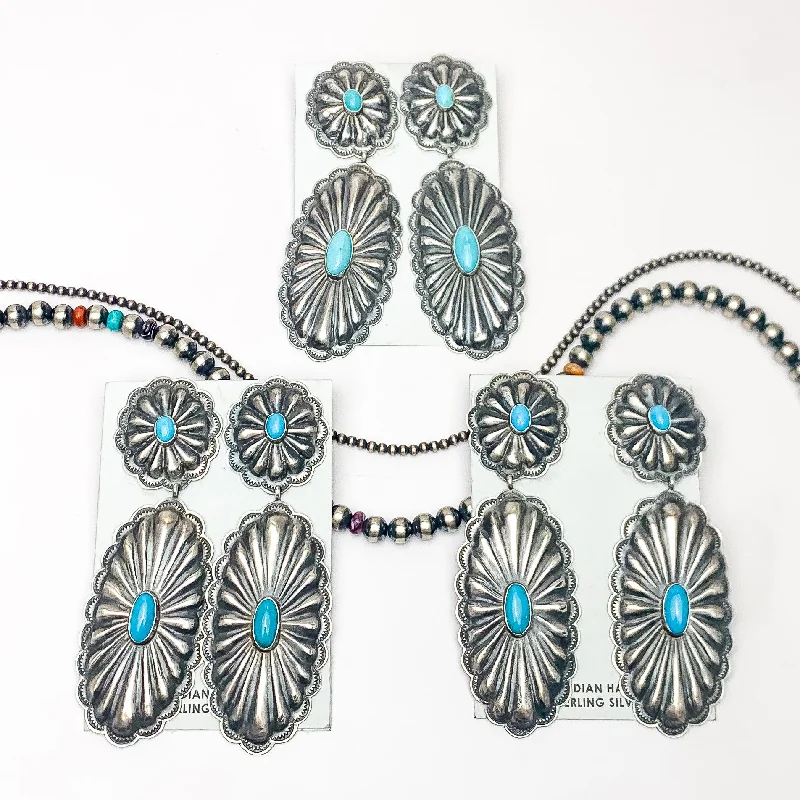 Smooth drop earrings-RL Begay | Navajo Handmade Sterling Silver Circle Concho Post Earrings with Oval Concho Dangle and Turquoise Stones