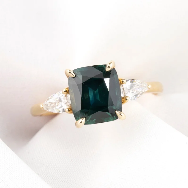 Emerald cut engagement rings-Olivia Grand Ring 2.97ct Deep Blue Green Montana Sapphire, 14k Yellow Gold (One of a kind)