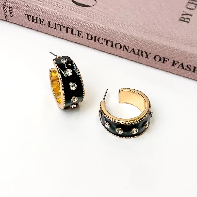 Deco style earrings-Surrounded By Starlight Small Gold Tone Hoop Earrings in Black