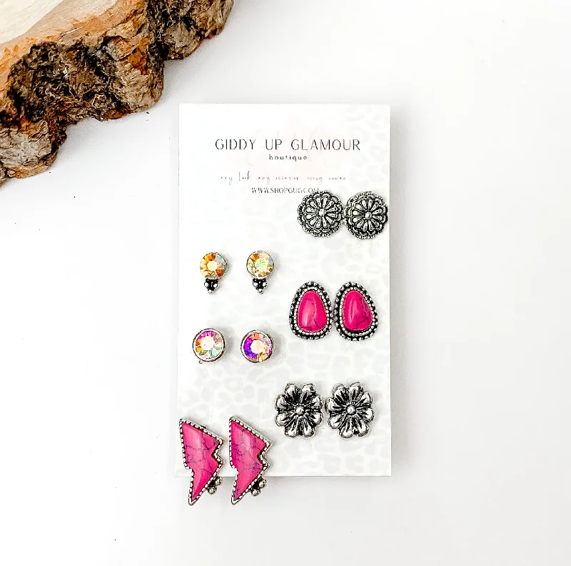 Smooth drop earrings-Set Of Six | Western Lightning Bolt Fuchsia Pink and Silver Tone Stud Earrings