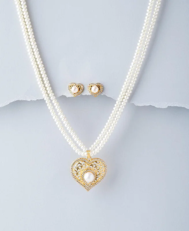 Bright druzy necklaces-Heart Real Pearl Necklace Set