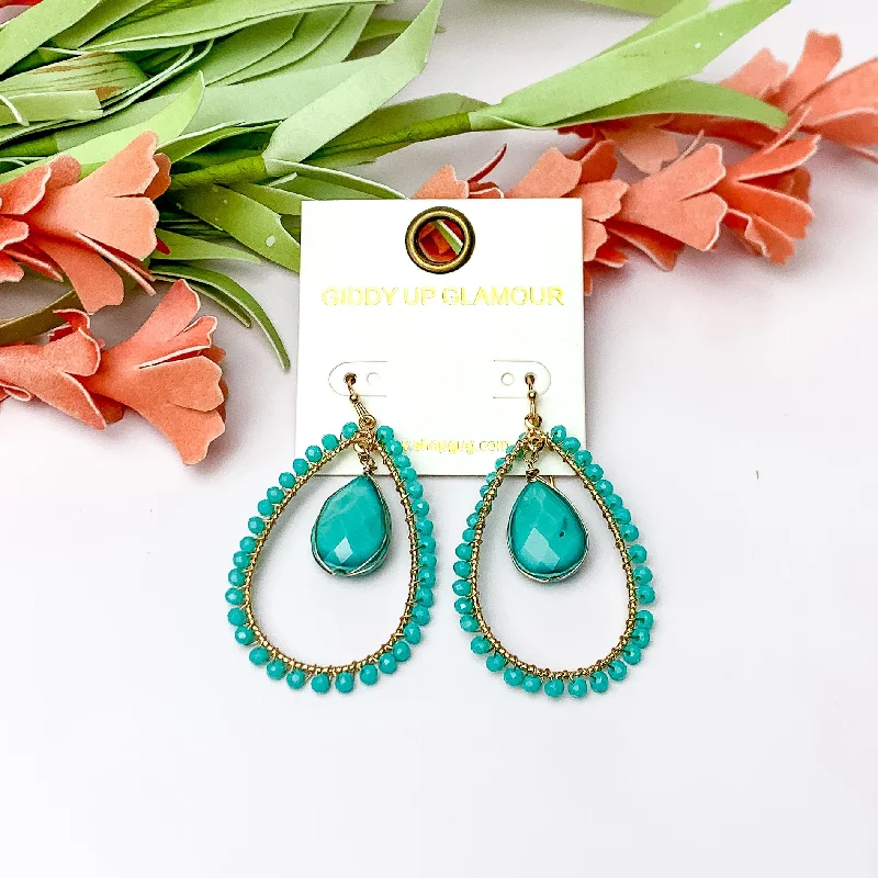 Topaz earrings-Turquoise Stone Inside Open Beaded Teardrop Earrings with Gold Tone Outline