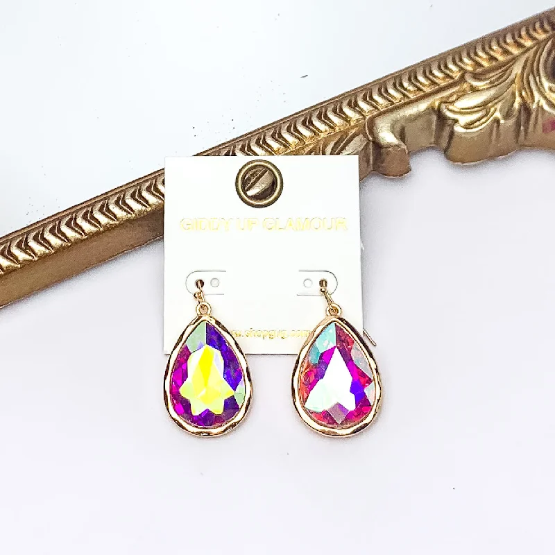 Glossy silver earrings-Gold Tone Large Teardrop Earrings With AB Crystals