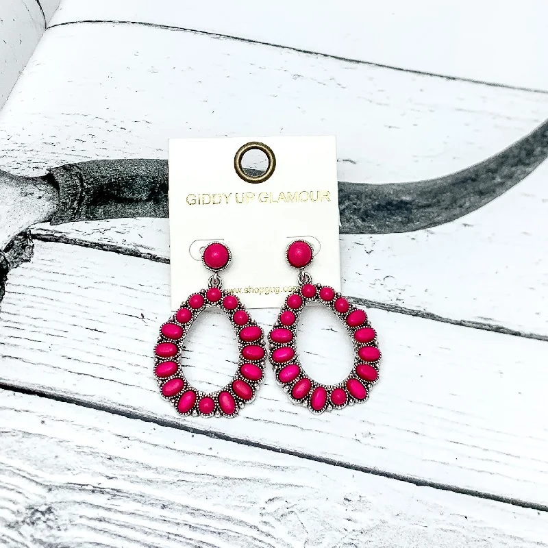 Dual-tone earrings-Small Circle Post Open Teardrop Earrings with Stones in Hot pink