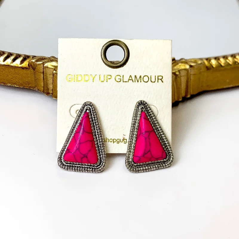 Topaz stone earrings-Western Silver Tone Faux Triangle Stone Earrings in Fuchsia Pink