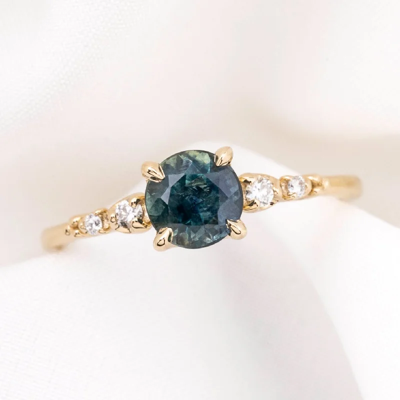 Wing detail engagement rings-Estel Fleur Four Prongs Ring, 1.15ct Deep Teal Blue Montana Sapphire, 14k Yellow Gold (One of a kind)