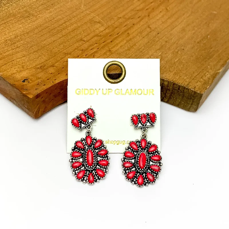 Leaf pattern earrings-Red Marble and Silver Tone Flower Drop Earrings