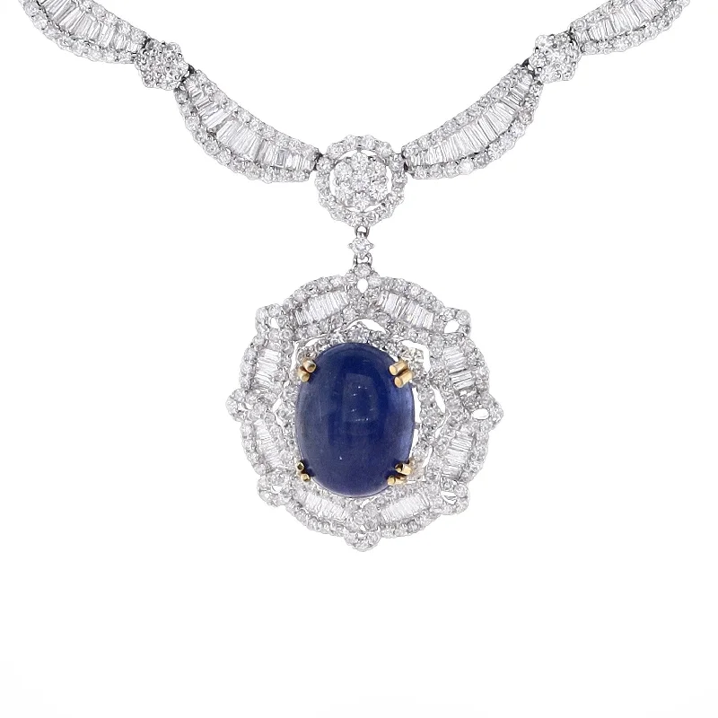 Vintage locket necklaces-Estate 18k White Gold Star Sapphire and Diamond Scallop Design 16" Necklace