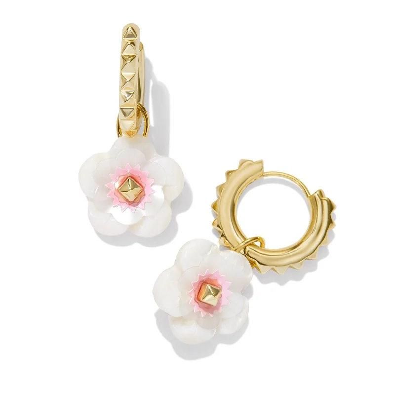 Fox wing earrings-Kendra Scott | Deliah Gold Huggie Earrings in Iridescent Pink and White Mix