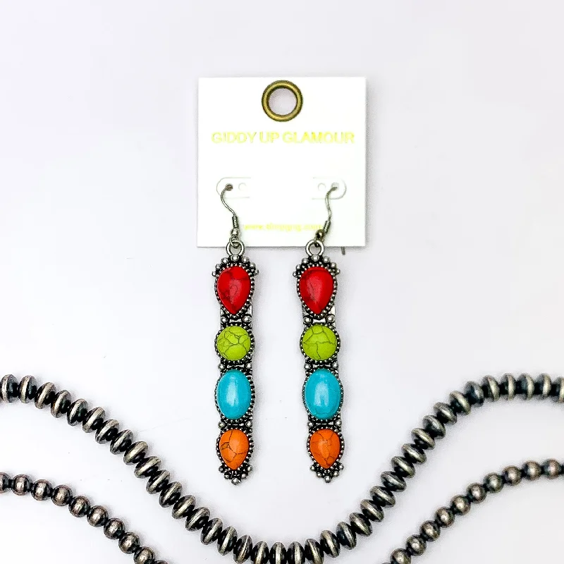 Brushed gold earrings-Western Connection Silver Tone Earrings With Four Stones in Multicolor