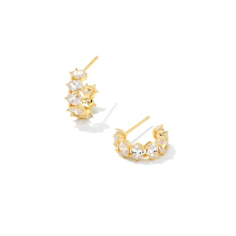 Leaf hoop earrings-Kendra Scott | Cailin Gold Crystal Huggie Earrings in White Crystal