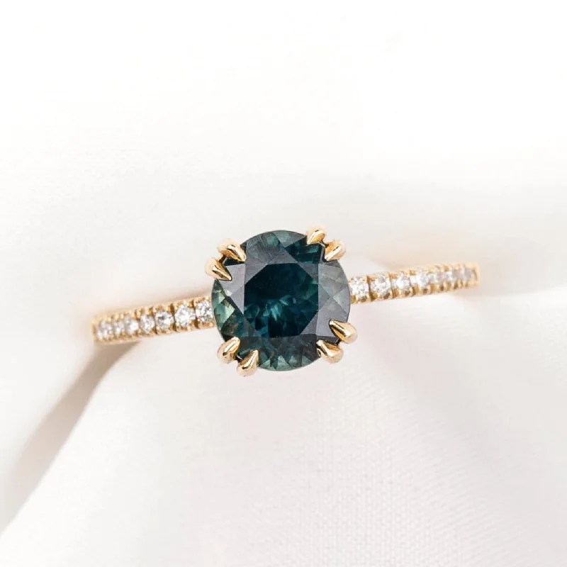 Marquise diamond engagement rings-Sabrina Ring 1.89ct Round Teal Blue Montana Sapphire, 14k Yellow Gold (One of a kind)