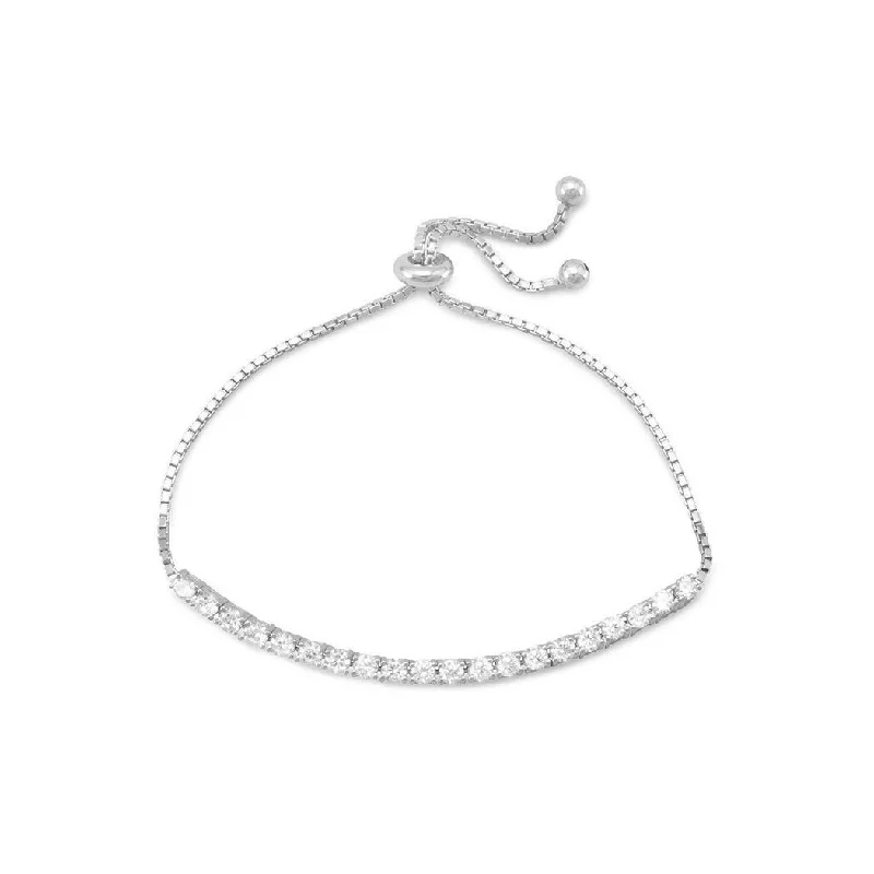 Silk wrap bangles-Curata Adjustable Rhod. P. 925 Sterling Silver Box Chain Bracelet 3.75 Inch CZ Cubic Zirconia Simulated Diamond Bar Cubic