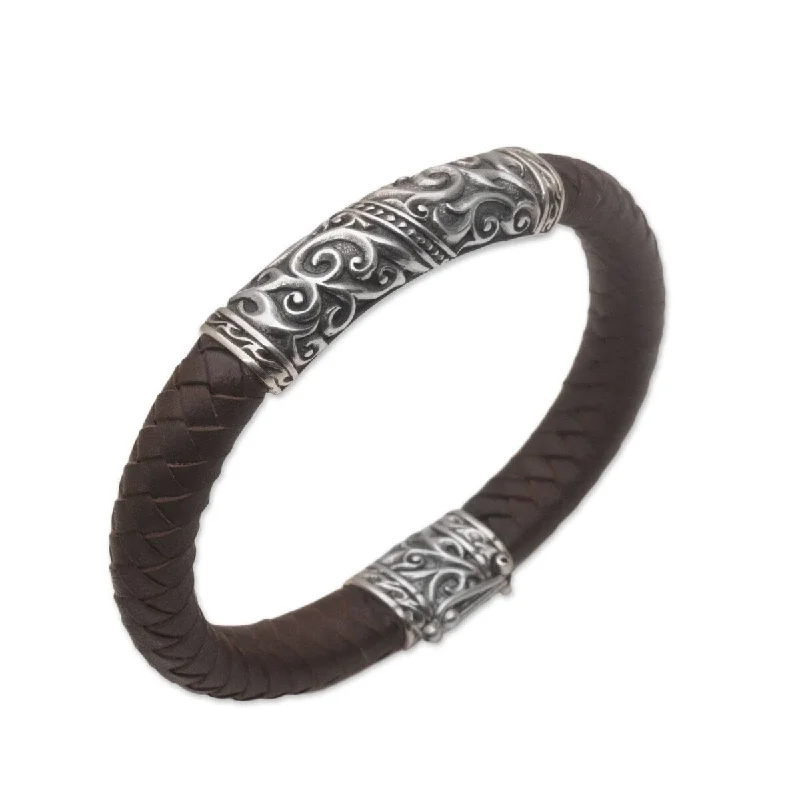 Stellar theme bangles-NOVICA Flow of Courage, Men's sterling silver and leather pendant bracelet