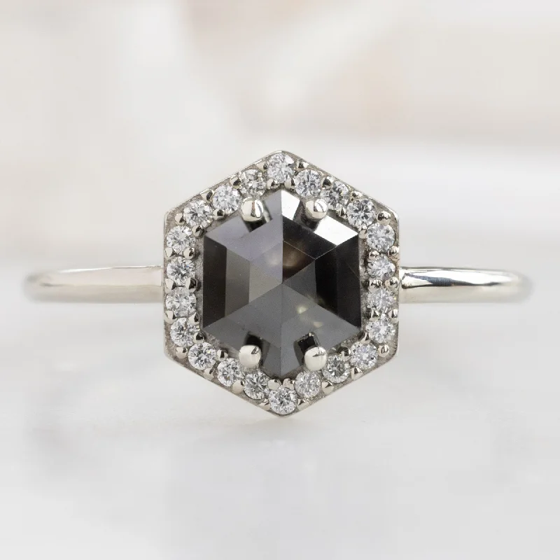 Subtle halo engagement rings-The Dahlia Ring | 1.38ct Hexagon Black Diamond in 14K White Gold