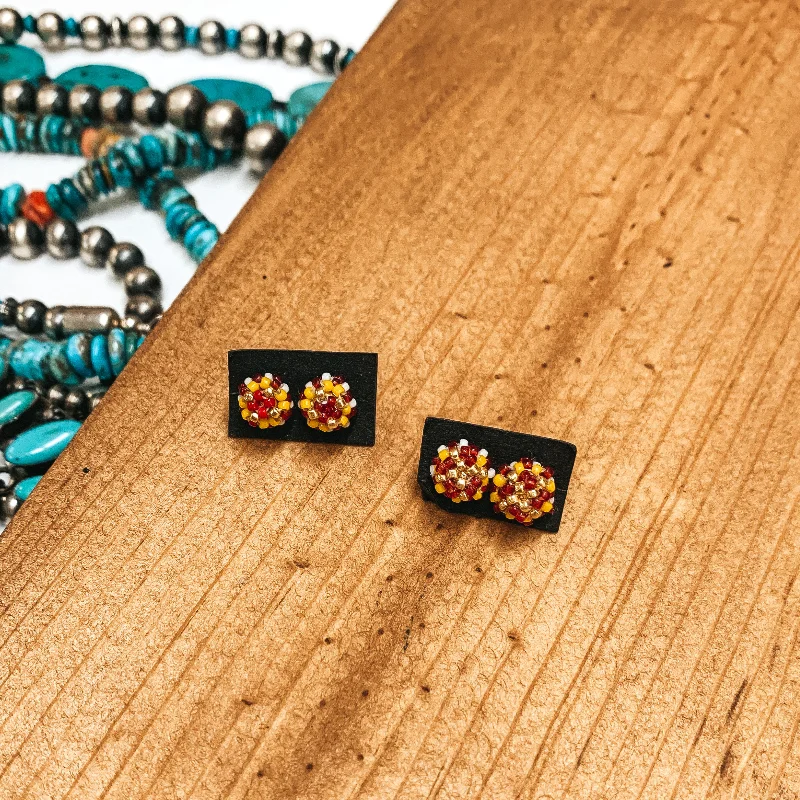 Tide design earrings-Navajo | Navajo Handmade Beaded Stud Earrings in Red, Yellow, and White