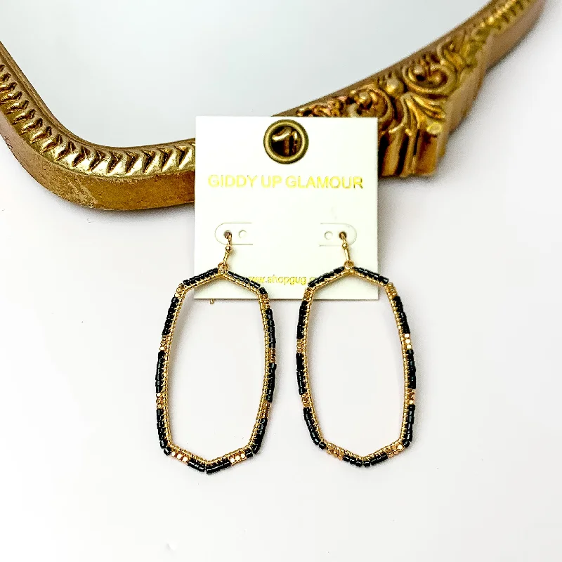 Thin threader earrings-Black Beaded Open Large Drop Earrings with Gold Tone Accessory