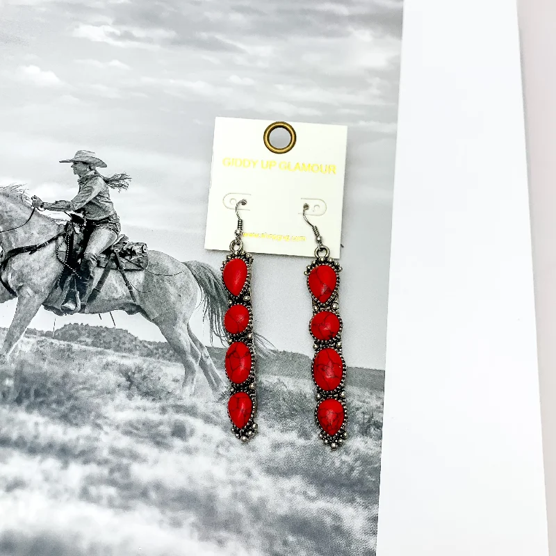 Polished bead earrings-Western Connection Silver Tone Earrings With Four Stones in Red