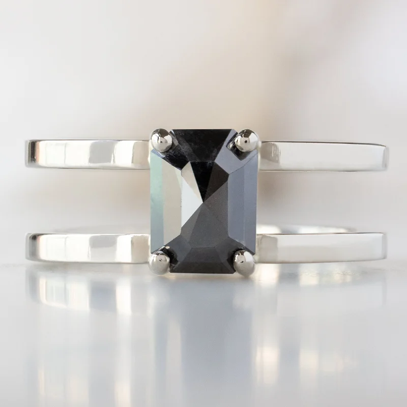 Double shank engagement rings-The Poppy Ring | 1.44ct Emerald Cut Black Diamond in 14K White Gold