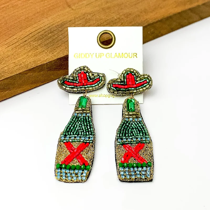 Flat coin earrings-Beaded Green Beer Bottle Earrings with Sombrero Studs