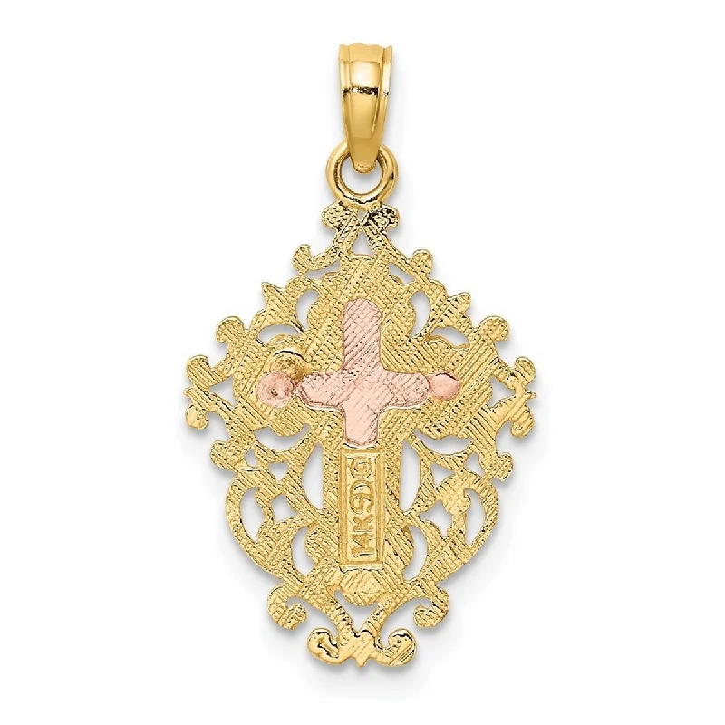 Sapphire stone necklaces-Curata 14k Two tone Gold Crucifix Cross With Lace Trim Pink Jesus Center Pendant Necklace, 18"