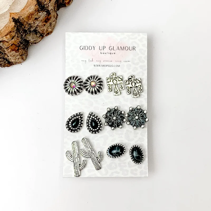 Patina bronze earrings-Set Of Six | Western Themed Black and Silver Tone Stud Earrings