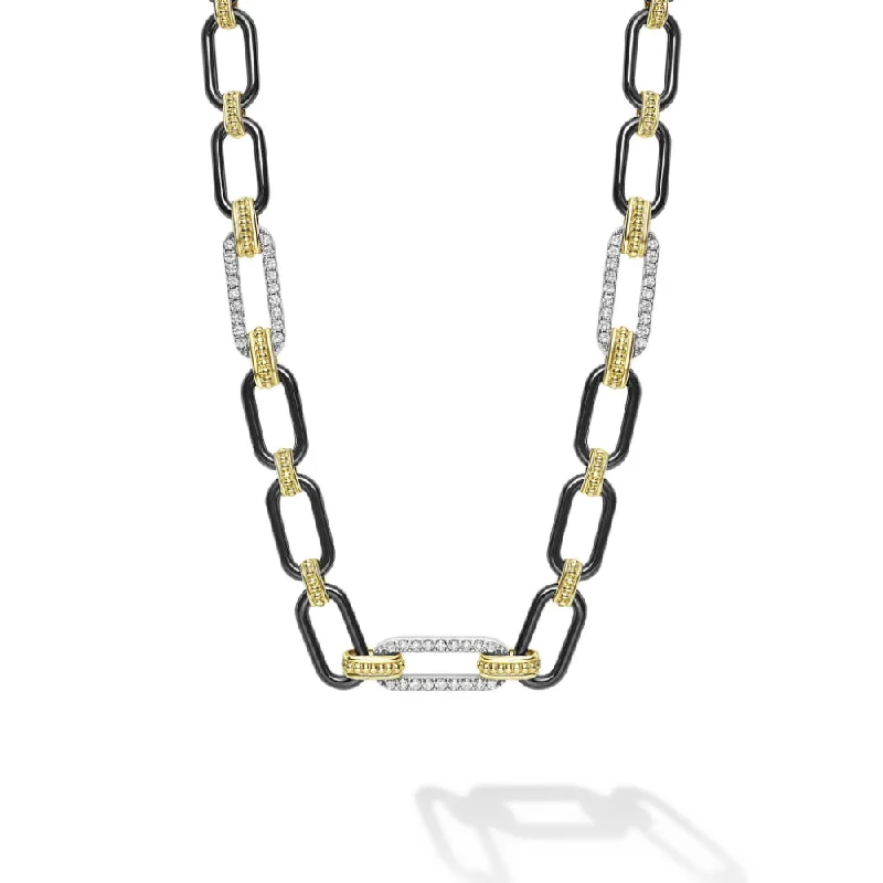 Turquoise gem necklaces-Lagos 18k Gold and Black Ceramic Three Diamond Station Link Necklace, 6mm