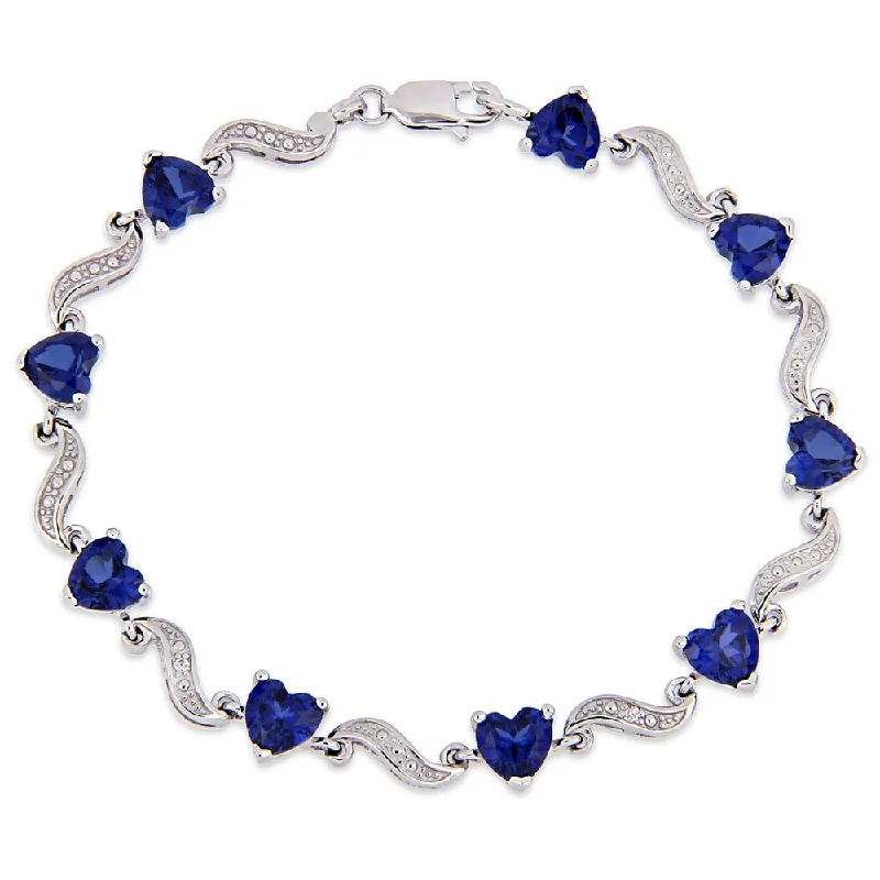 Reef knot bangles-Miadora Sterling Silver Heart-Cut Created Blue Sapphire and Diamond Tennis Bracelet