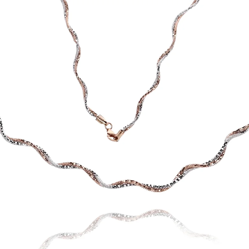 Cedar wood necklaces-Estate 14 Karat Two-Tone White and Rose Gold Wavy Sparkle Design Necklace