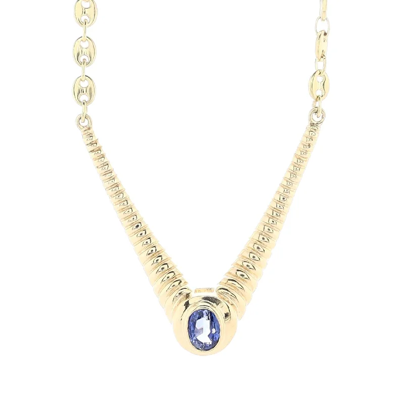 Woven knot necklaces-Estate 18k Yellow Gold Bezel Set Oval Sapphire in Ribbed "V" Design Necklace