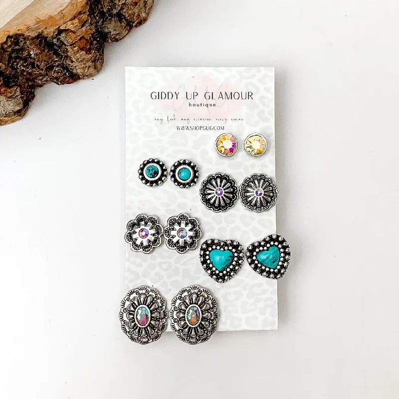 Spirit eye earrings-Set Of Six | Western Flower Designed Turquoise Blue and Silver Tone Stud Earrings