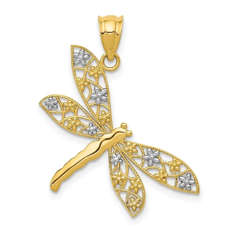 Raised bar necklaces-Curata 14k Yellow Gold 18" Rhodium Filigree Dragonfly Pendant Necklace