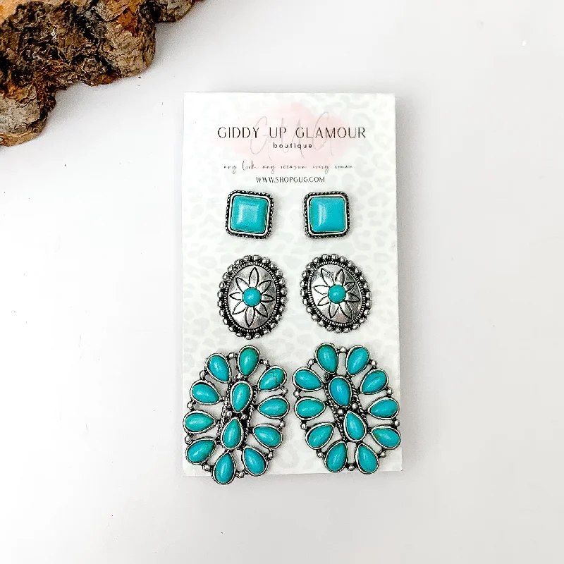 Full crescent earrings-Set Of Three | Western Turquoise Blue Stones and Silver Tone Stud Earrings