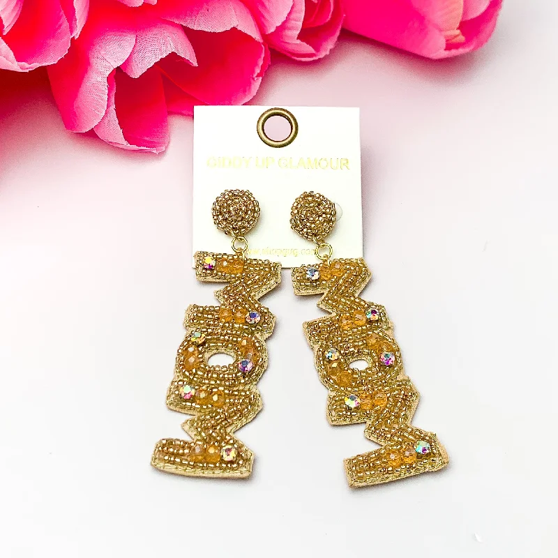 Flat coin earrings-Beaded Mom Drop Earring with AB crystals in Gold